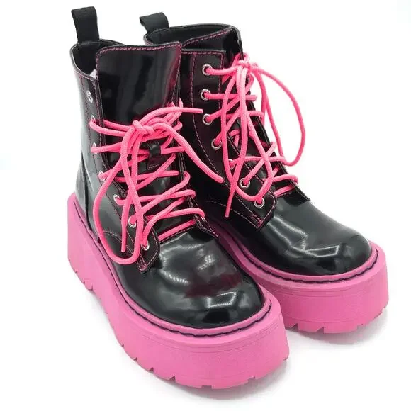 Current Mood Combat Boots DollsKill Pink Black women's size 6  CM20-468 - Picture 2 of 9